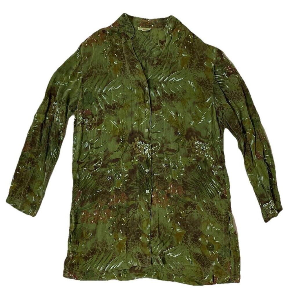 Vintage Tianello Top Sz Small Womens Green‎ Ghandi Jungle Blouse Button